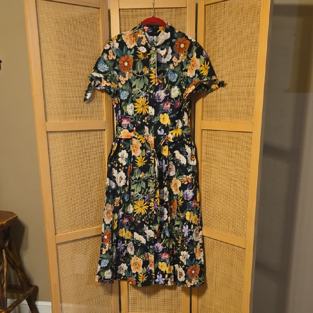 Zara Multicolor Floral Midi Dress Medium Button Down Belted Womens NWT Cotton